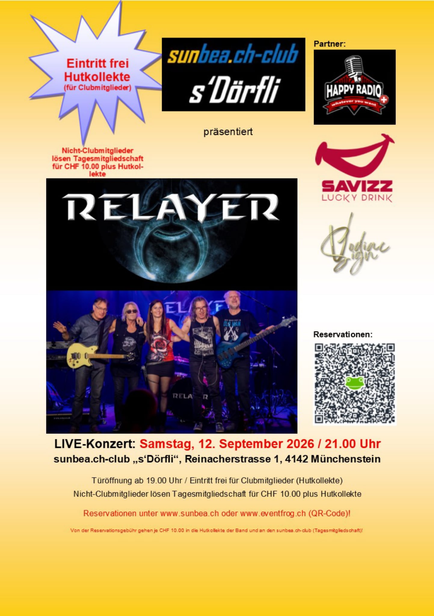 Konzert-Flyer der Band Relayer im sunbea.ch-club Münchenstein 2026